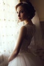 Beautiful sensual bride with dark hair in luxurious lace wedding dress Royalty Free Stock Photo