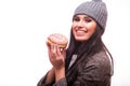 Beautiful sensual woman with donuts in hand look and smile at camera Royalty Free Stock Photo