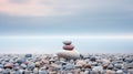 Beautiful serene beach with smooth pebbles and a stone stack. Pebble cairn. Calm misty ocean. Generative AI Royalty Free Stock Photo