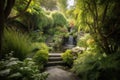 a beautiful and serene garden, with a trickling waterfall, surrounded by peaceful greenery Royalty Free Stock Photo