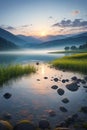 Beautiful serene morning view, landscape with lake and mountains