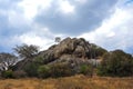 Serengeti landscape. A rocky kopje stands in golden grassland with moody grey, storm clouds sky