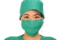 Beautiful and serious Asian Chinese medicine doctor woman or hospital nurse in medical hat surgeon face mask and green scrub in Royalty Free Stock Photo