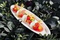 Beautiful Serving White Restaurant Plate of Tuna Fillet, Parmesan Cheese and Tomato Water Jelly Top View Royalty Free Stock Photo