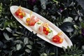 Beautiful Serving White Restaurant Plate of Tuna Fillet, Parmesan Cheese and Tomato Water Jelly Top View Royalty Free Stock Photo