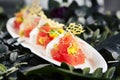 Beautiful Serving White Restaurant Plate of Tuna Fillet, Parmesan Cheese and Tomato Water Jelly Top View Royalty Free Stock Photo