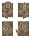 Beautiful set of cards with magic flowers on a brown background. Design elements