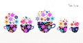 Beautiful set of cups with tea and flowers. Teatime