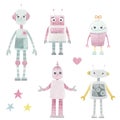 Beautiful set with cute hand drawn watercolor baby girl robots. Stock illustration. Royalty Free Stock Photo