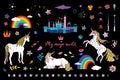 Beautiful set with cute unicorns, fairy castle, border, rainbows and lettering isolated on the black background