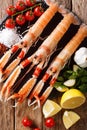 Beautiful set of fresh raw langoustine, scampi with seasonal veg Royalty Free Stock Photo