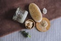 Beautiful set of natural organic ayurvedis homemade cosmetic products for personal body care: massage brush, shea and coconut butt Royalty Free Stock Photo