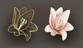 Beautiful set with pink white cream and golden lily on dark background Royalty Free Stock Photo