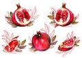 Beautiful set of red pomegranate fruits arrangements.