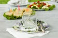 A beautiful set of snacks on the table during a picnic in nature Royalty Free Stock Photo