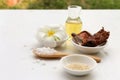 Beautiful set of spa composition with Thai herb and oil with bokeh