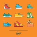 Beautiful set with stylish footwear - sneakers in various styles and shapes. Collection with different shoes in bright colors on Royalty Free Stock Photo