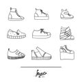 Beautiful set with stylish footwear - sneakers in various styles and shapes. Collection with different shoes in hand drawn black Royalty Free Stock Photo