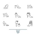 Beautiful set of various shoes and sandals, isolated on white background. Vector bundle with 9 summer and spring female footwear w