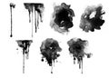 Vector set of black watercolor stains, blots, spots and spilled brushes Royalty Free Stock Photo