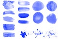 Set of 16 blue watercolor brushes for painting. Beautiful smears, strokes, blot, spots, drops, brushes. Circle and lines brushes Royalty Free Stock Photo
