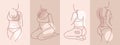 Beautiful set woman body silhouette line art, beauty sketch figure girl in underwear beige color. Minimalist linear