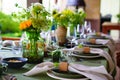 beautiful setting of a large table with flowers. Royalty Free Stock Photo