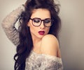Beautiful bright red lips makeup woman in fashion glasses l Royalty Free Stock Photo