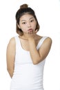 Asian woman wearing a white shirt on white backround Royalty Free Stock Photo