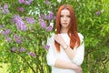 Beautiful cute red-haired girl in a white dress standing near bushes with lilac Royalty Free Stock Photo