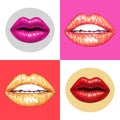 Beautiful lips with white teeth on a pink background. Female lips drawing. Handwork. Seamless pattern for design