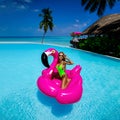 Beautiful sexy tanned woman on pink flamingo in pool. Young glamour girl in swimsuit on Maldives island. Perfect body bikini model Royalty Free Stock Photo