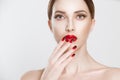 Beautiful sexy vamp woman with dark red  gradient black lips and modern same color set nail polish. Closeup Beauty fashion model Royalty Free Stock Photo