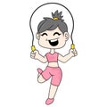 Beautiful and sexy woman is doing sport skipping happily, doodle icon image kawaii