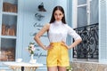 Beautiful sexy woman wear fashion summer collection clothes casual style slim body pretty face model pose accessory jewelry