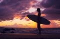 Beautiful young surfer girl in bikini on the beach at sunse Royalty Free Stock Photo