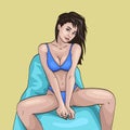 Beautiful sexy young woman in a blue swimsuit sitting on a chair. Vector illustration