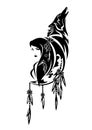 Woman, wolf and crescent moon tribal black and white vector portrait Royalty Free Stock Photo