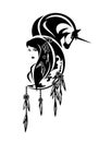 Shaman woman, unicorn horse and crescent moon tribal black and white vector portrait