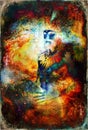 Beautiful shamanic man with headband and necklace on abstract structured space background.