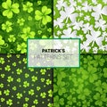 Beautiful Shamrock Patterns Set, Seamless Backgrounds For Saint Patricks Day Decoration Clover Ornament