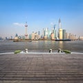 Beautiful shanghai scenery with wooden floor Royalty Free Stock Photo
