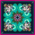 Beautiful shawl with bouquet of garden flowers on fantasy emerald background. Paisley frame. Ethnic style