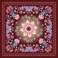 Beautiful shawl in ethnic style with lace frame, bouquets of flowers, butterflies, mandala and paisley on brown background.