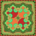 Beautiful shawl in ethnic style with mandalas flowers and paisley ornament in red, green and orange colors