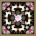 Beautiful shawl with fairy unicorns, golden mandala - snowflake and garden flowers on black background in vector. Print for fabric