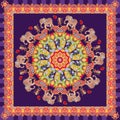 Beautiful shawl with flower - mandala, cute cartoon elephants, cheerful monkeys and raspberries on dark lilac background Royalty Free Stock Photo