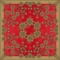 Beautiful shawl with golden flowers on red background in russian style. Bandana print with floral ornament