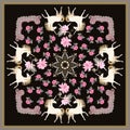 Beautiful shawl with white unicorns and fairy ballerina, ornamental frame, golden mandala, pink garden flowers on black background