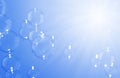 Beautiful shiny blur defocus soap bubbles float on dark blue background with copy space. Abstract, Natual fresh summer. Royalty Free Stock Photo